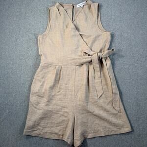 Emma + Michelle Faux Wrap Sleeveless Romper Women's Large Brown Pockets Wide Leg